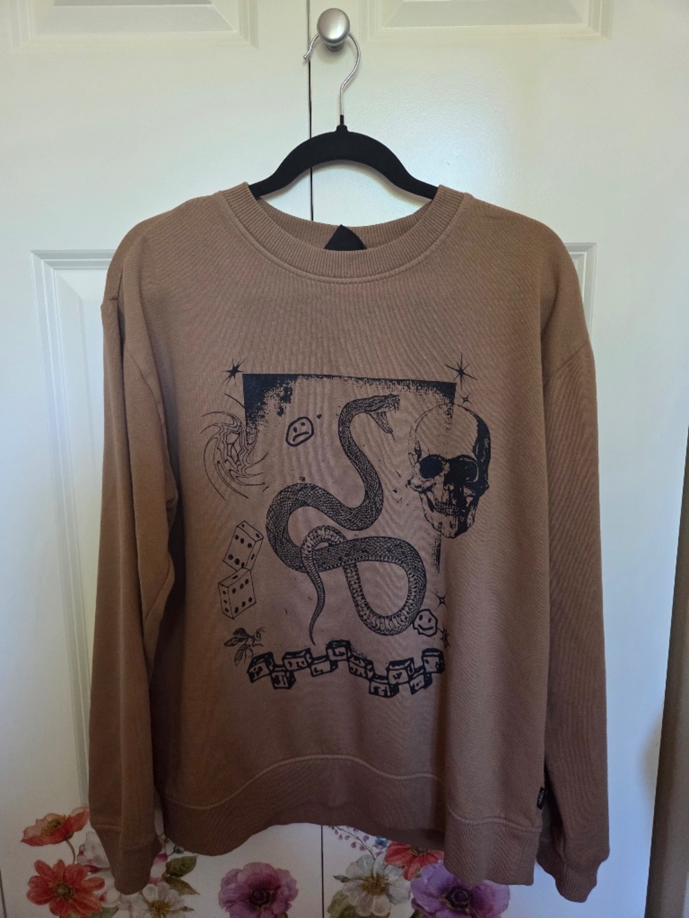 “Positive Collage” Vans Women’s Pullover Sweatshirt - Snake/Doodles (Brown)